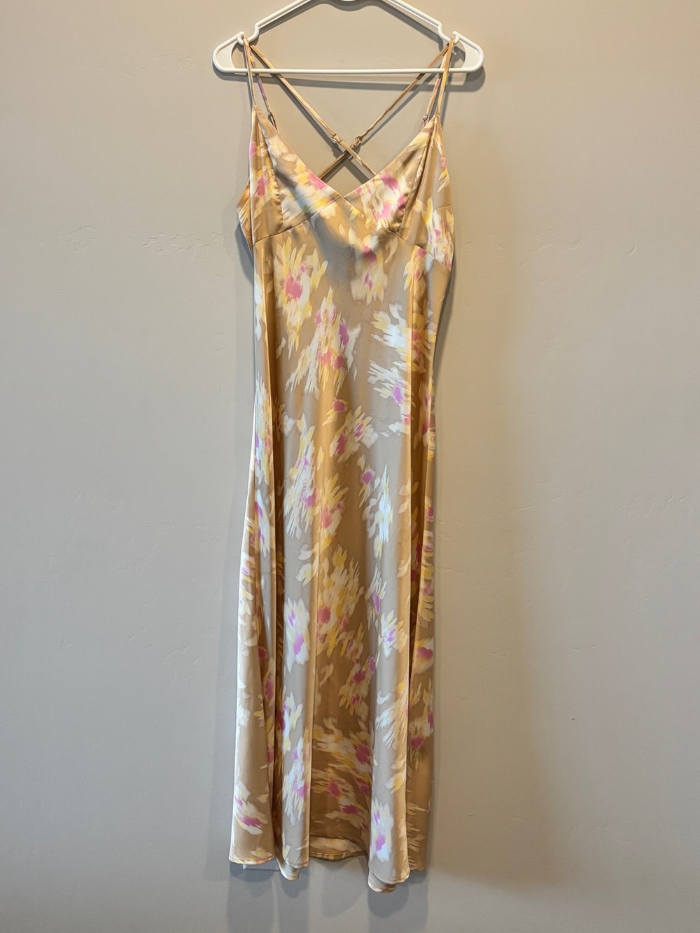 Slip Satin Maxi Dress in Soft Yellow Floral (XL)